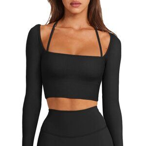 Seamless Ribbed Long Sleeve Crop Top Square Neck Athletic Yoga Workout Top